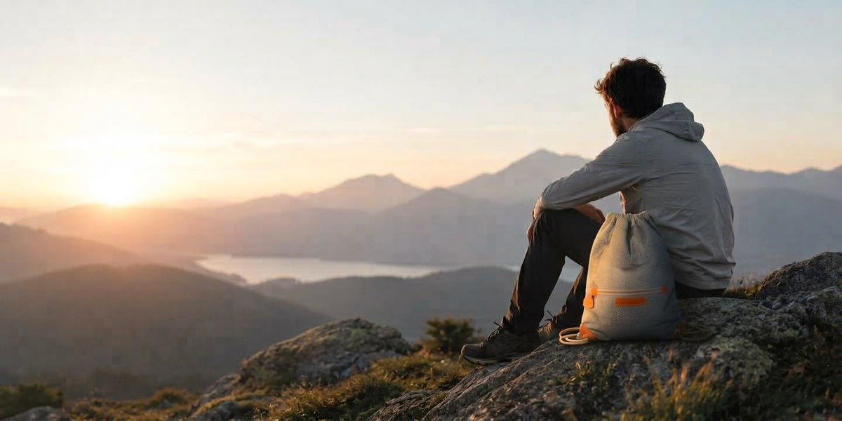 Un uomo seduto su una roccia guarda le montagne al tramonto, con la sacca Natural Route accanto